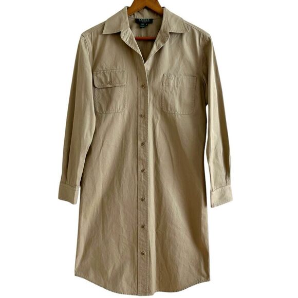 Ralph Lauren button front Shirt Dress 4 Tan Safari Utility Old Money long sleeve - Picture 1 of 9